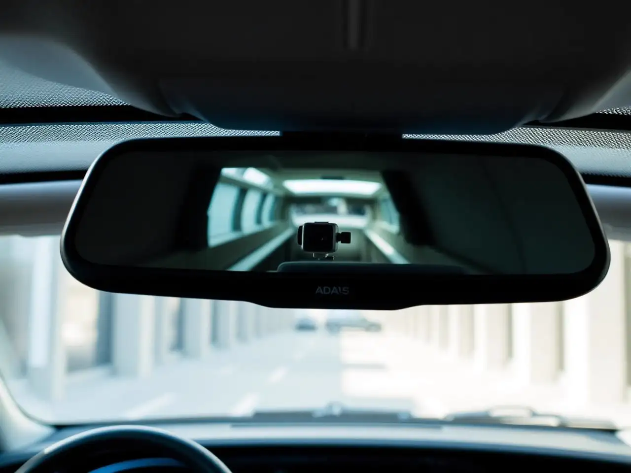 ADAS camera behind a rear-view mirror