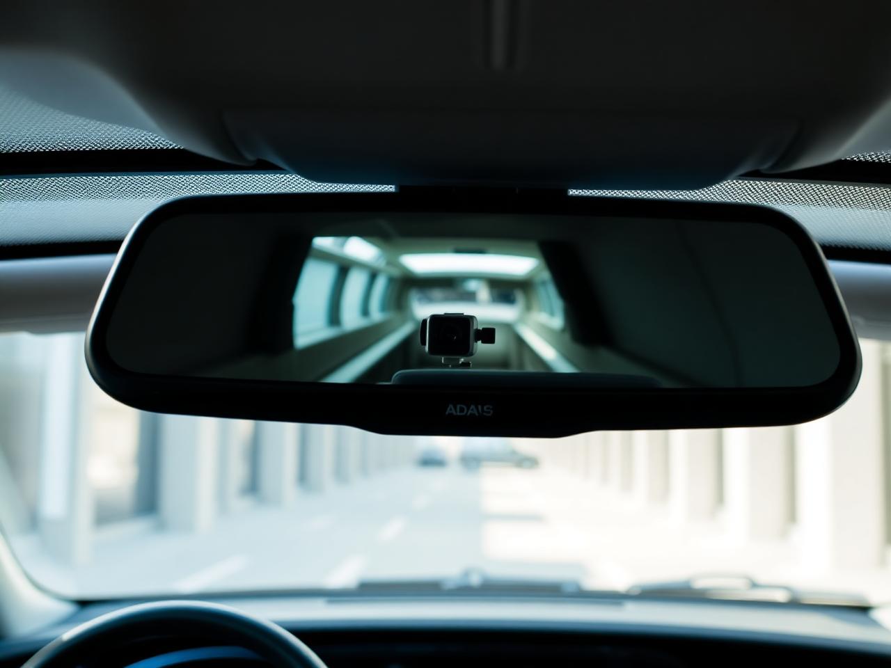ADAS camera behind a rear-view mirror