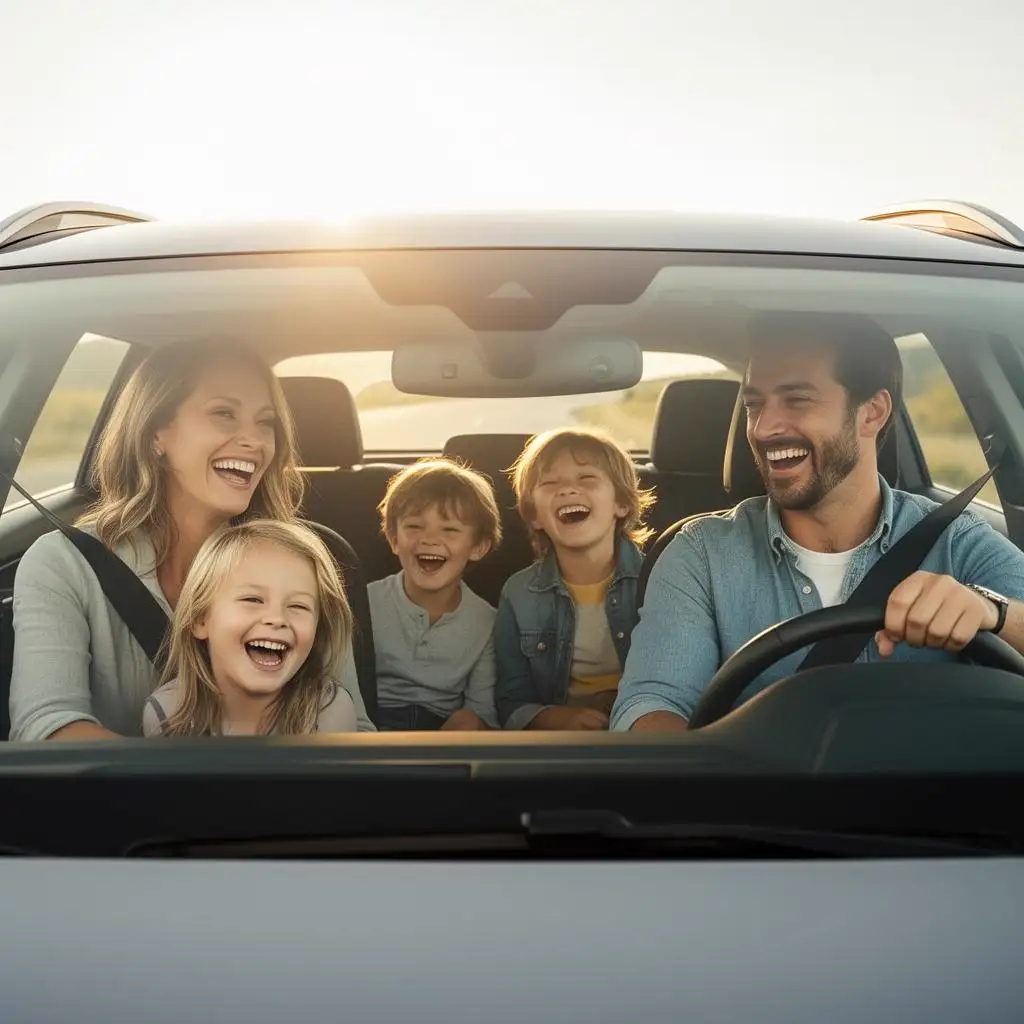 Family laughing together inside their car on a sunny road trip