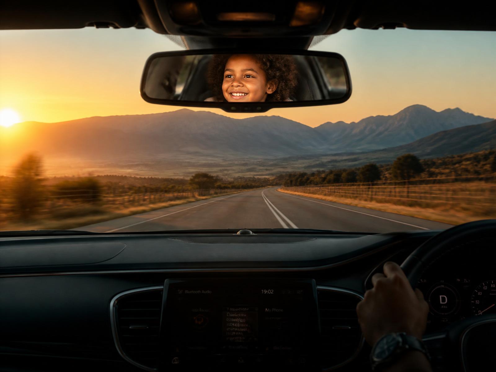 Family driving on an open South African road at golden hour, viewed through a crystal-clear windscreen