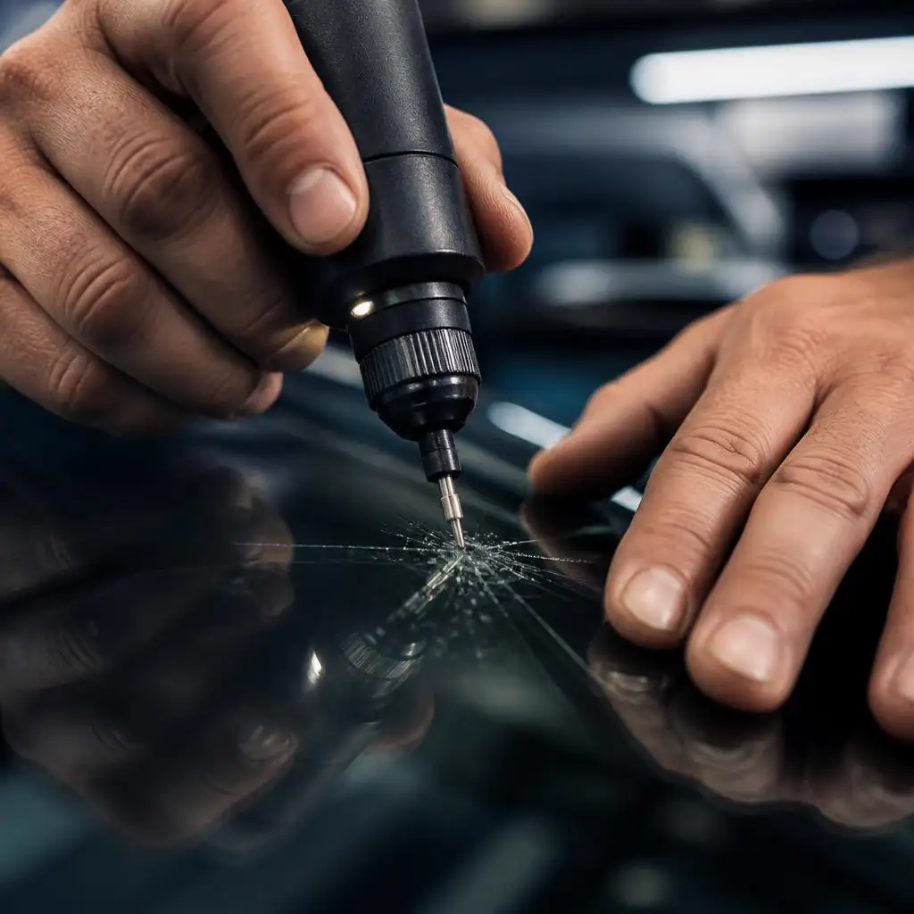 Close-up of a technician using a cordless precision drill to repair a windscreen chip